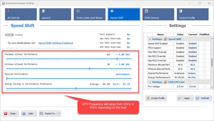 Speed Shift performance settings