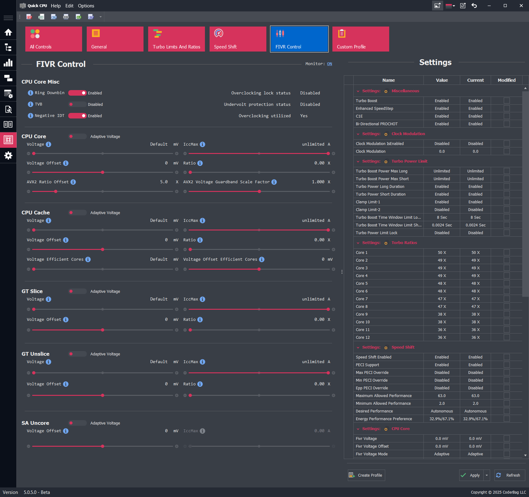 Screenshot of Quick CPU showing the FIVR (Fully Integrated Voltage Regulator) control panel in Advanced CPU Settings