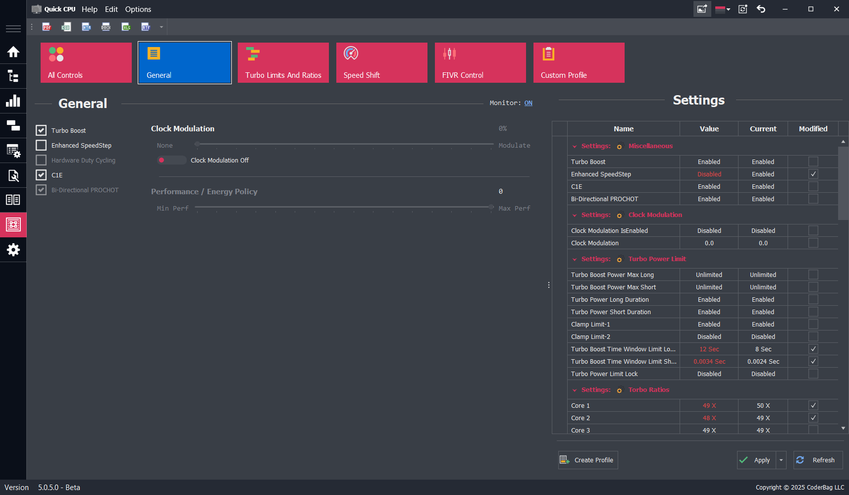 Screenshot of General Settings section in Quick CPU's Advanced CPU Settings