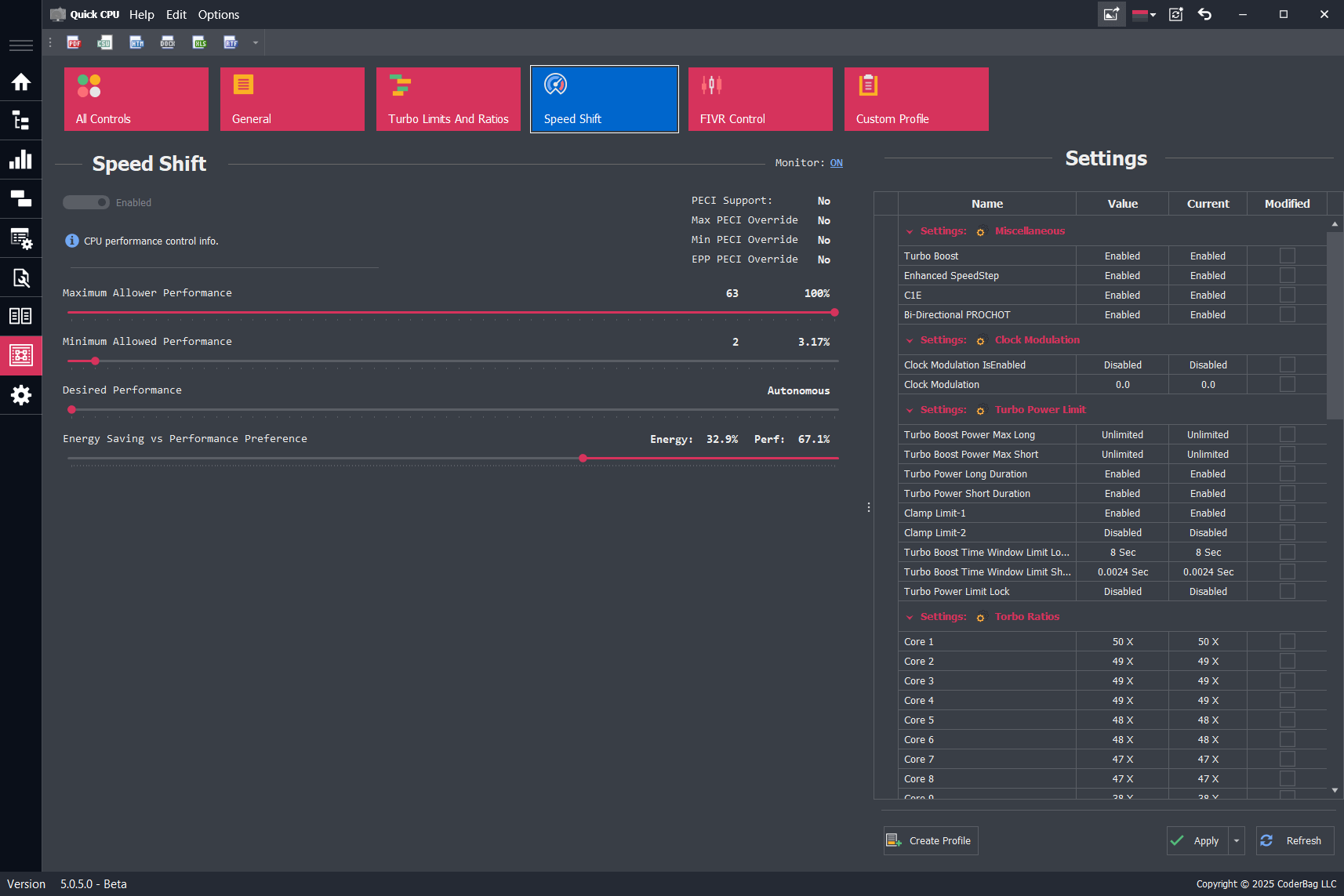 Screenshot of Speed Shift settings in Quick CPU's Advanced CPU Settings