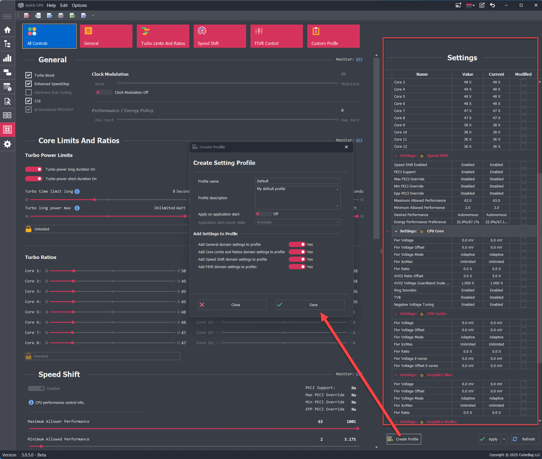 Dialog for creating a new Custom Profile in Quick CPU Advanced CPU Settings