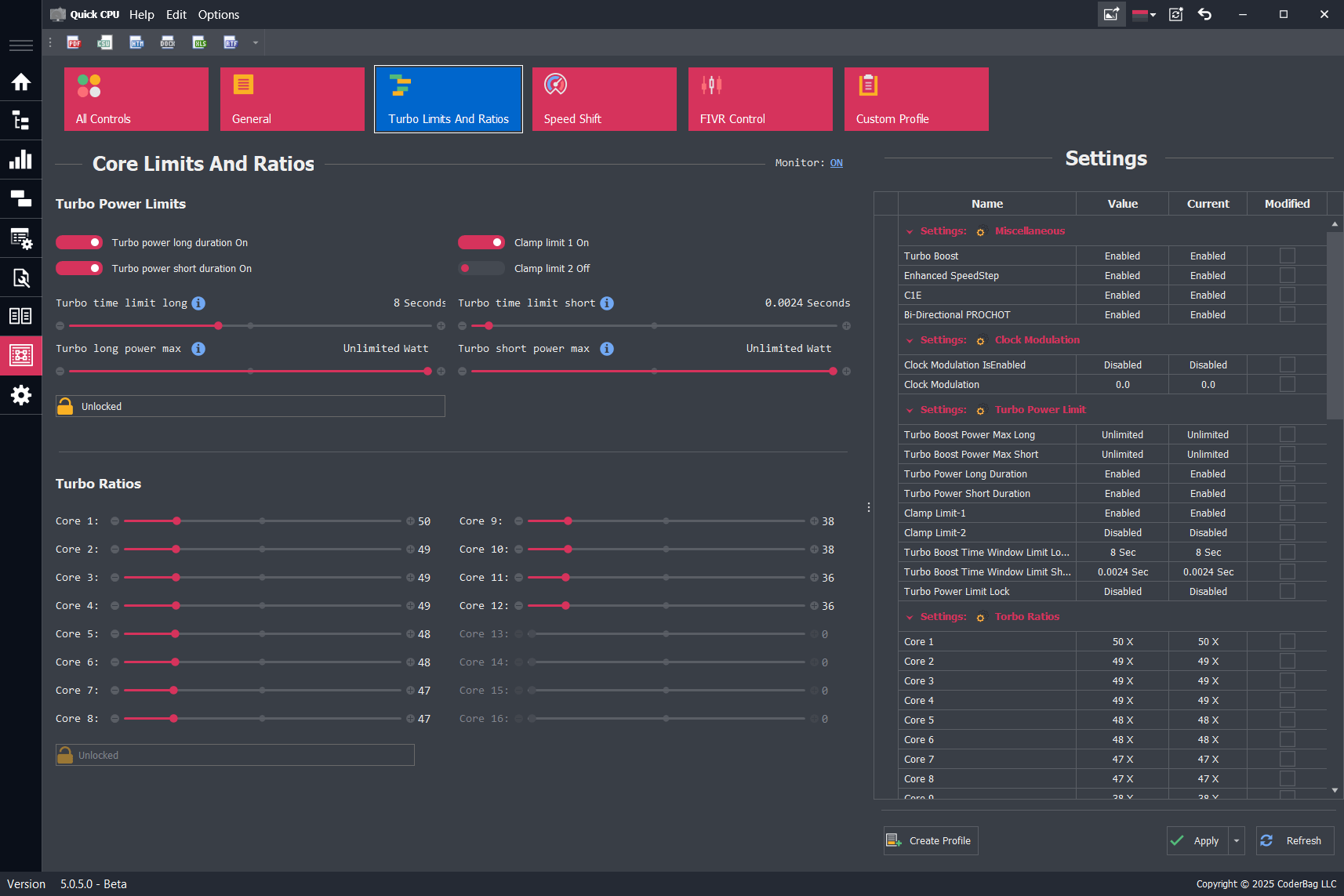 Screenshot of Turbo Power Limits and Ratio configuration in Quick CPU